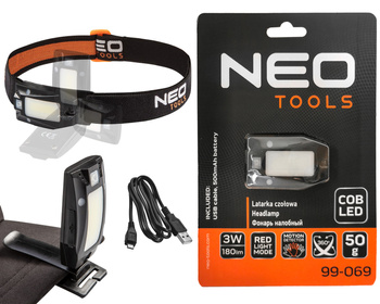NEO Latarka czołowa AKU USB 350 lm LED BELT z czujnikiem ruchu 99-097