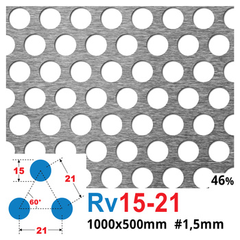 Blacha perforowana SUROWA OCZKO 15 mm PRZERWA 21 mm 1000 x 500 mm Rv 15-21 Gr. 1,5 mm
