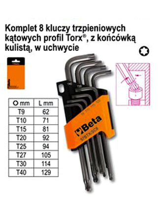 BETA Komplet 8 kluczy trzpieniowych kulistych TORX T9 - T40 97BTX/SC8