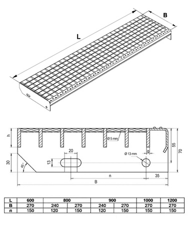 Stopień schodowy zgrzewany WEMA OCYNK | L - 1000 x B - 270 | PŁ. 30 x 2 