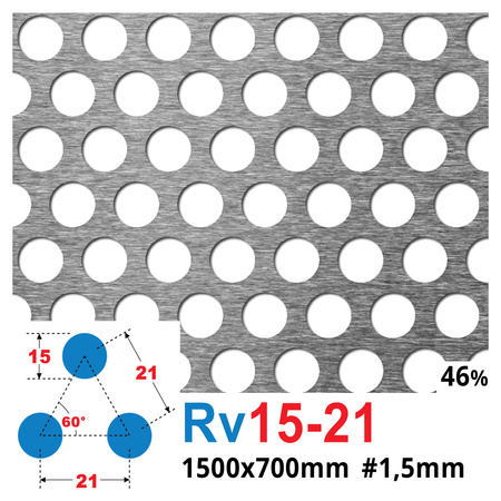Blacha perforowana SUROWA OCZKO 15 mm PRZERWA 6 mm 1500 x 700 mm Rv 15-21 Gr. 1,5 mm