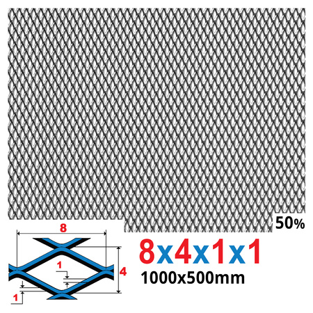 Siatka cięto-ciągniona SUROWA 8 x 4 x 1 x 1 | 1000 x 500 mm