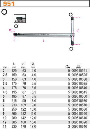 BETA Klucz trzpieniowy PRZESUWNY typu T IMBUS HEX 951 3 mm