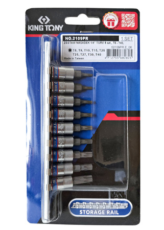 KING TONY Zestaw nasadek z końcówką TORX 1/4" 9 el. T8 - T40 na szynie 2109PR