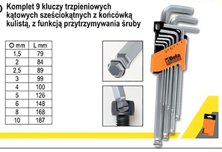 BETA Zestaw kluczy trzpieniowych IMBUS Z PRZYTRZYMYWANIEM ŚRUBY 96BP-HO-SC9