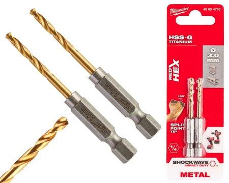 Milwaukee Wiertło udarowe do metalu HSS-G TIN RED HEX 1/4" 2 szt. | 3,0 mm