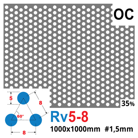 Blacha perforowana OCYNK OCZKO 5 mm PRZERWA 3 mm 1000 x 1000 mm Rv 5-8 Gr. 1,5 mm