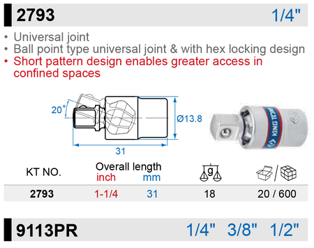 KING TONY PPRZEGUB KULISTY CR-V 1/4" 2793