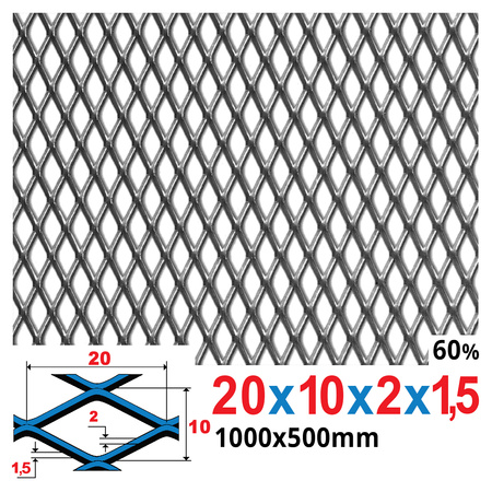 Siatka cięto-ciągniona SUROWA 20 x 10 x 2 x 1,5 | 1000 x 500 mm