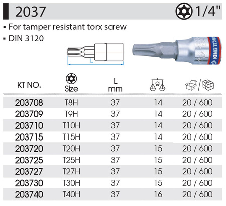 KING TONY Klucz nasadka 1/4" Cr-V S2 BIT TORX Z OTWOREM T10 x 37 mm