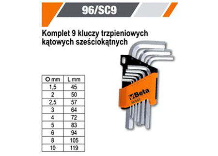  BETA Zestaw 9 kluczy kątowych IMBUSOWYCH CHROMOWANYCH 96/SC9