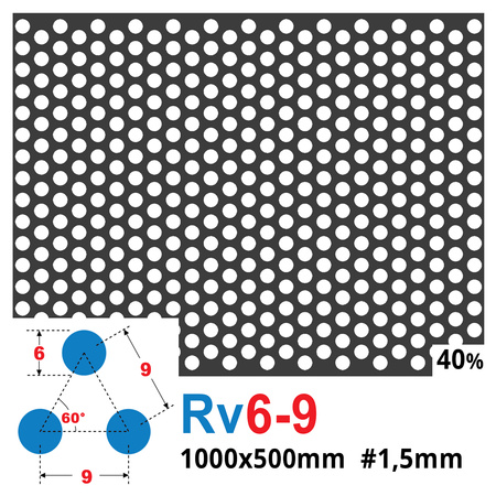Blacha perforowana SUROWA OCZKO 6 mm PRZERWA 3 mm 1000 x 500 mm Rv 6-9 Gr. 1,5 mm