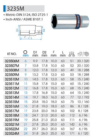 KING TONY Klucz nasadka DŁUGA 3/8" 6-KĄTNA 10 x 63 mm