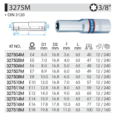 KING TONY Klucz nasadka 3/8" DŁUGA GWIAZDKOWA E12 x 63 mm