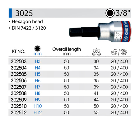 KING TONY Klucz nasadka 3/8" KRÓTKA BIT IMBUS H10 x 50 mm