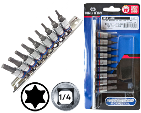 KING TONY Zestaw nasadek z końcówką TORX 1/4" 9 el. T8 - T40 na szynie 2109PR