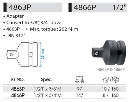 KING TONY PRZEJŚCIE ADAPTER UDAROWY OTWÓR 1/2" X TRZPIEŃ 3/4"