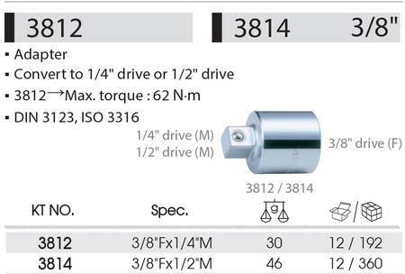 KING TONY PRZEJŚCIE ADAPTER OTWÓR 3/8" X TRZPIEŃ 1/2"