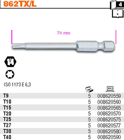 BETA Bit końcówka wkrętakowa 1/4 DŁUGA 70mm TORX T 15