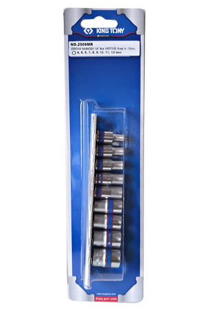 KING TONY Zestaw nasadek KRÓTKICH 6-KĄT. 1/4" 9 el. 4 - 13 mm na szynie 2509MR