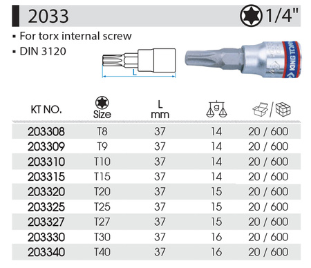 KING TONY Klucz nasadka 1/4" Cr-V S2 BIT TORX T15 x 37 mm