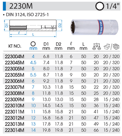 KING TONY Klucz nasadka DŁUGA 1/4" 12-KĄTNA 11 x 50 mm 