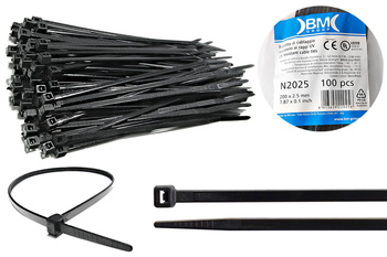 BM Opaska zaciskowa, kablowa, poliamidowa PA 6.6, CZARNA | 200 x 2.5 mm op. 100 szt.