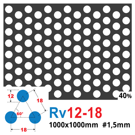 Blacha perforowana SUROWA OCZKO 12 mm PRZERWA 6 mm 1000 x 1000 mm Rv 12-18 Gr. 1,5 mm