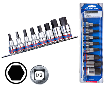 KING TONY Zestaw nasadek z końcówką HEX 1/2" 8 el. H6 - H19 na szynie 4108PR10