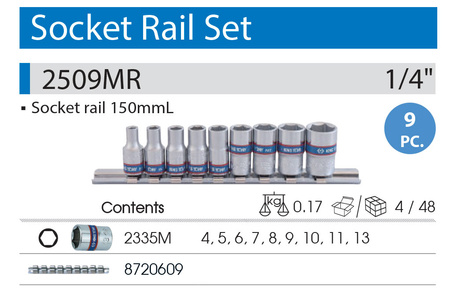 KING TONY Zestaw nasadek KRÓTKICH 6-KĄT. 1/4" 9 el. 4 - 13 mm na szynie 2509MR