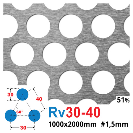 Blacha perforowana SUROWA OCZKO 30 mm PRZERWA 40 mm 1000 x 2000 Rv 30-40 Gr. 1,5 mm