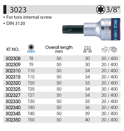 KING TONY Klucz nasadka 3/8" KRÓTKA BIT TORX T 10 x 50 mm