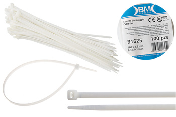 BM Opaska zaciskowa, kablowa, poliamidowa PA 6.6, BIAŁA | 160 x 2.5 mm op. 100 szt.