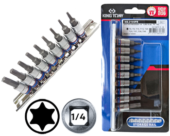 KING TONY Zestaw nasadek z końcówką TORX 1/4" 9 el. T8 - T40 na szynie 2109PR