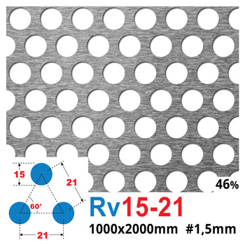 Blacha perforowana SUROWA OCZKO 15 mm PRZERWA 21 mm 1000 x 2000 mm Rv 15-21 Gr. 1,5 mm