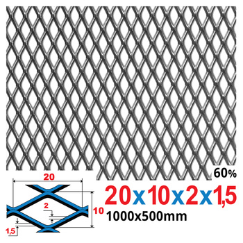 Siatka cięto-ciągniona SUROWA 20 x 10 x 2 x 1,5 | 1000 x 500 mm