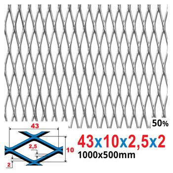 Siatka cięto-ciągniona SUROWA 43 x 10 x 2,5 x 2 | 1000 x 500 mm