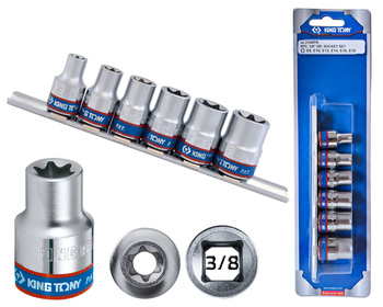 KING TONY Zestaw nasadek KRÓTKICH GWIAZDKOWYCH 3/8" 6 el. E8- E18 na szynie 3106PR