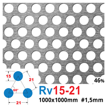 Blacha perforowana SUROWA OCZKO 15 mm PRZERWA 21 mm 1000 x 1000 mm Rv 15-21 Gr. 1,5 mm
