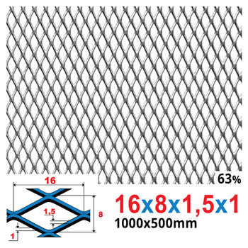 Siatka cięto-ciągniona SUROWA 16 x 8 x 1,5 x 1 | 1000 x 500 mm