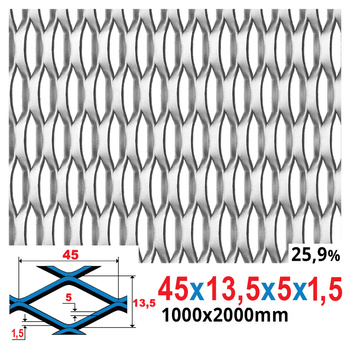Siatka cięto-ciągniona SUROWA 45 x 13,5 x 5 x 1,5 | 1000 x 2000 mm