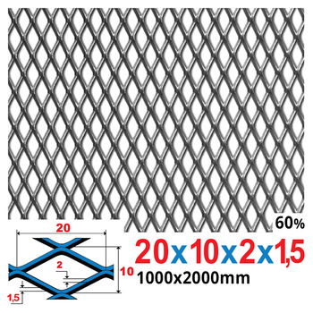 Siatka cięto-ciągniona SUROWA 20 x 10 x 2 x 1,5 | 1000 x 2000 mm