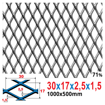 Siatka cięto-ciągniona SUROWA 30 x 17 x 2,5 x 1,5 | 1000 x 500 mm