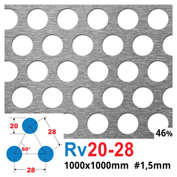 Blacha perforowana SUROWA OCZKO 20 mm PRZERWA 28 mm 1000 x 1000 Rv 20-28 Gr. 1,5 mm