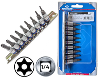 KING TONY Zestaw nasadek z końcówką TORX Z OTWOREM 1/4" 9 el. T8 - T40 na szynie 2119PR