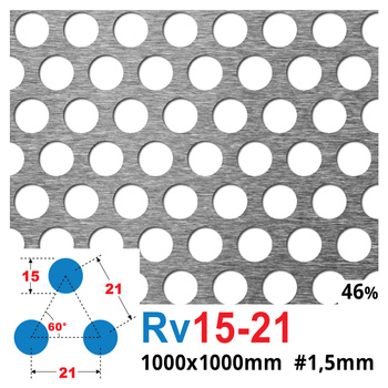 Blacha perforowana SUROWA OCZKO 15 mm PRZERWA 21 mm 1000 x 1000 mm Rv 15-21