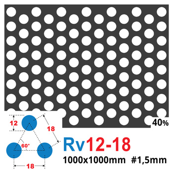 Blacha perforowana SUROWA OCZKO 12 mm PRZERWA 6 mm 1000 x 1000 mm Rv 12-18 Gr. 1,5 mm