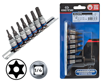 KING TONY Zestaw nasadek z końcówką TORX Z OTWOREM 1/4" 7 el. T10H - T40H na szynie 2107PR